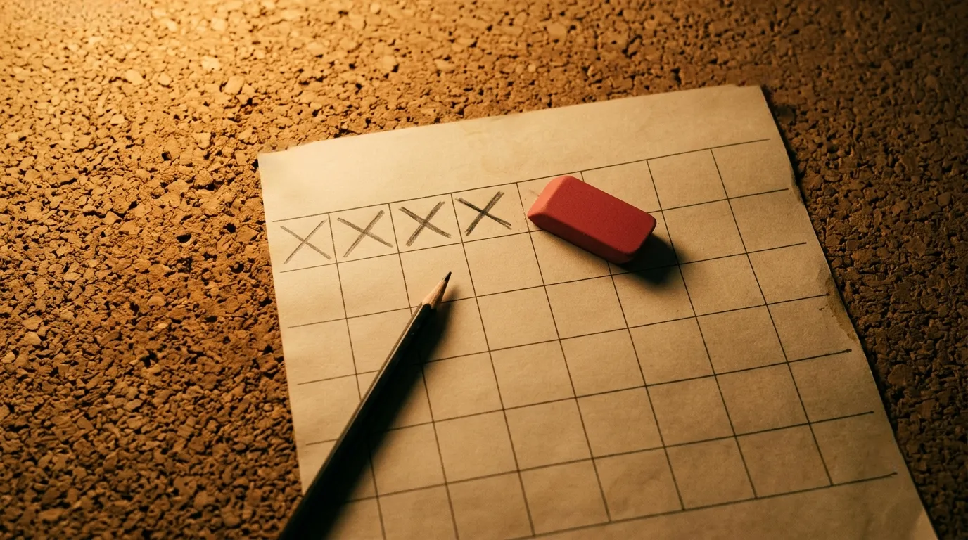 A hand-drawn grid on a sheet of paper resting on cork, four squares crossed off in pencil, a red rubber sitting on the next one and the pencil laid across the page