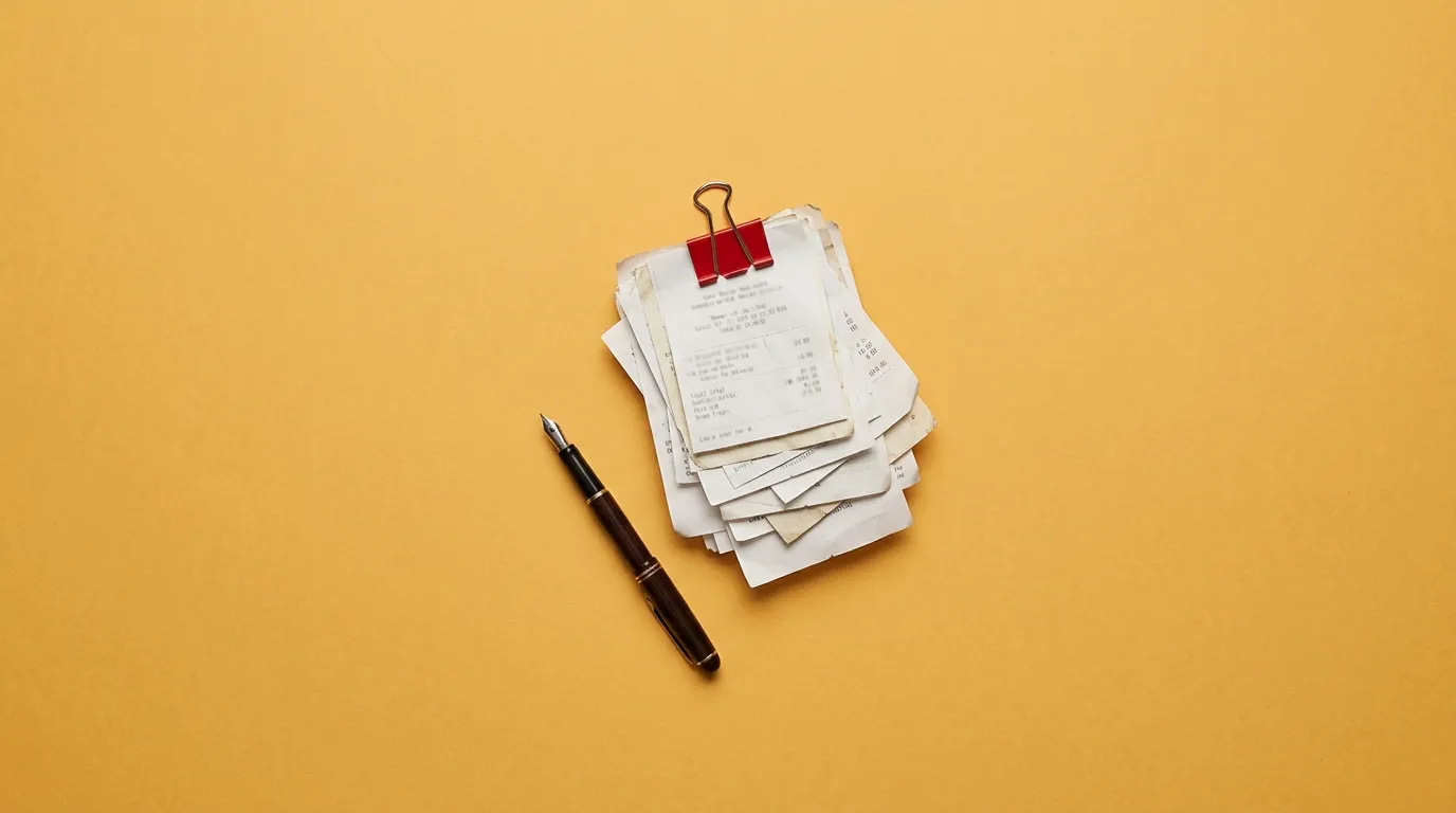 A clipped bundle of creased paper receipts and a fountain pen on a plain yellow background