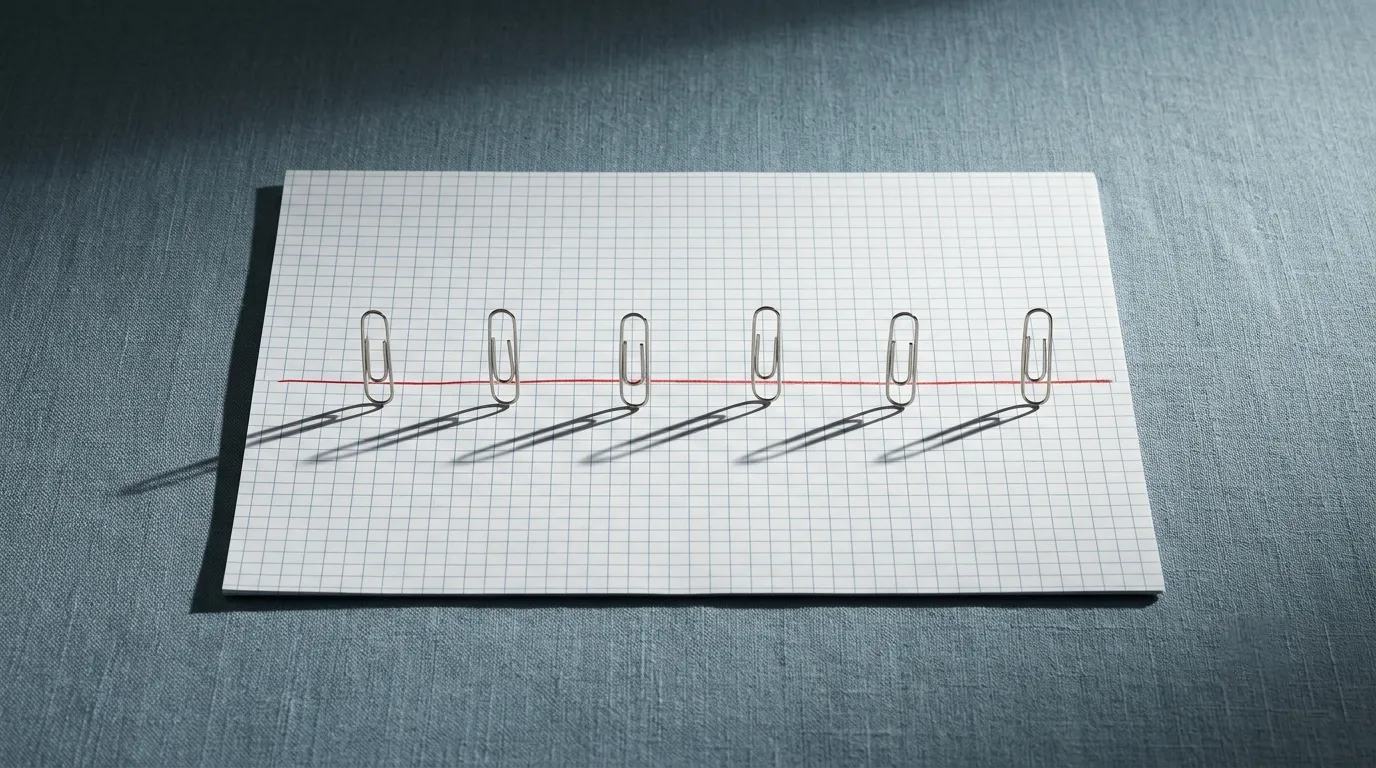 Six paperclips standing in a row on a sheet of graph paper, each casting a long shadow across a single red line