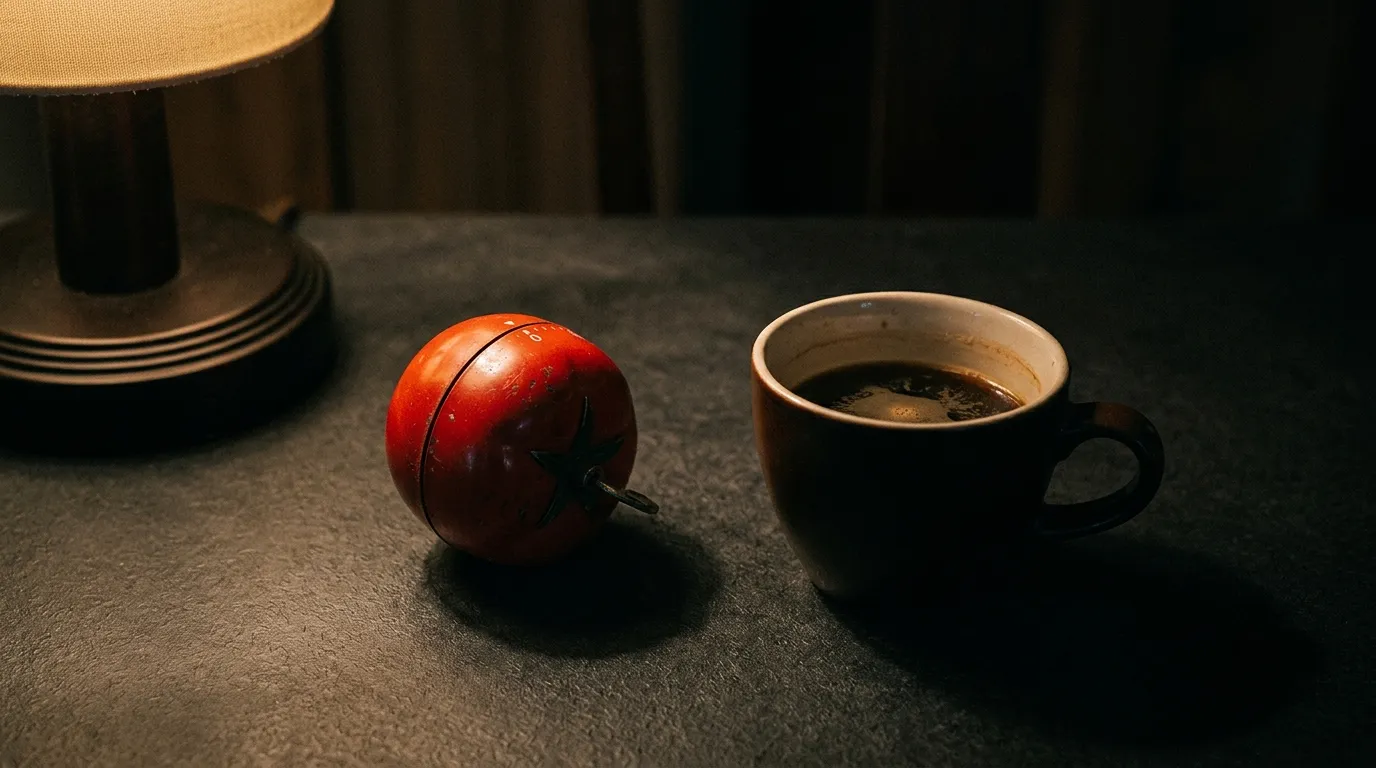 A tomato-shaped kitchen timer beside a cup of black coffee on a dark table, lit by a nearby lamp