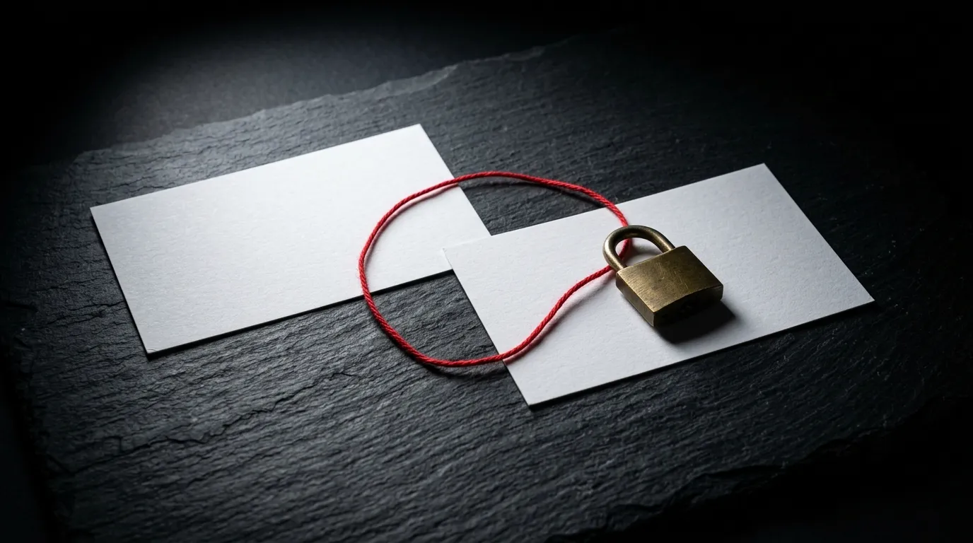 Two blank white cards overlapping on dark slate, tied together by a loop of red thread through a small brass padlock