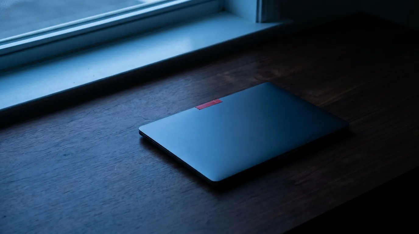 A closed laptop on a dark wooden sill in low blue light, a strip of red tape covering its camera