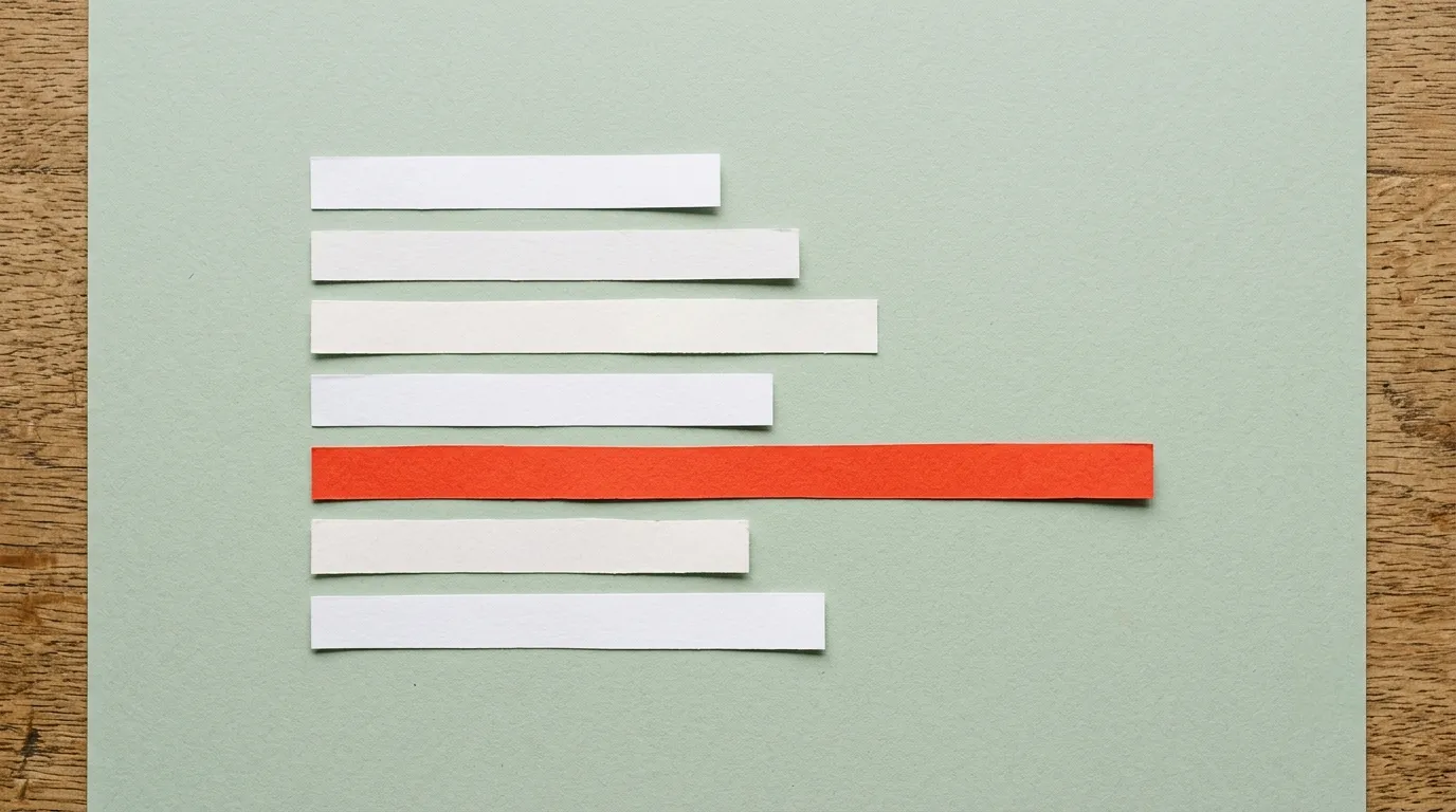 Seven torn paper strips laid out as a bar chart on pale green card, one of them bright red and far longer than the rest