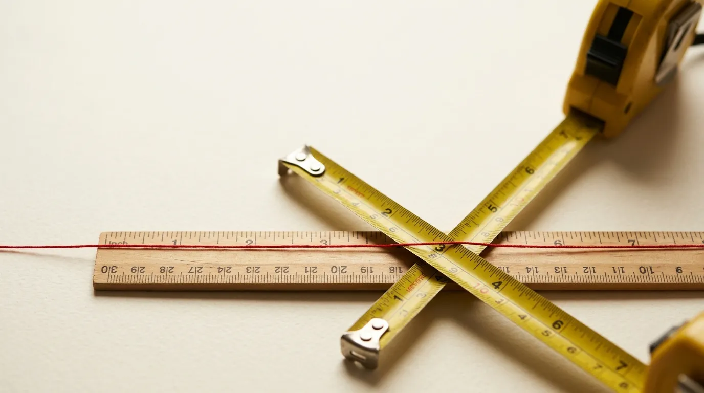 A wooden ruler marked in inches and centimetres crossed over a yellow tape measure, a taut red thread running straight across both